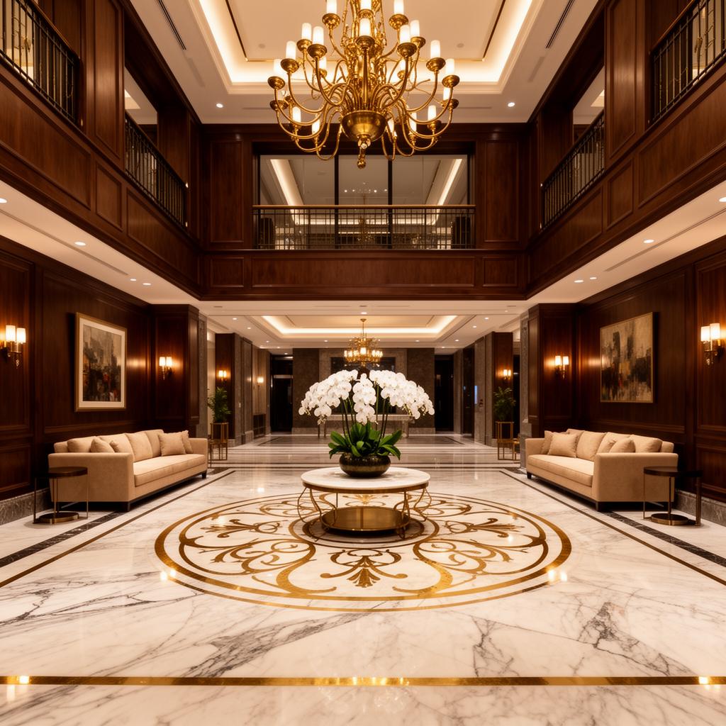 Marble lobby interior with chandelier