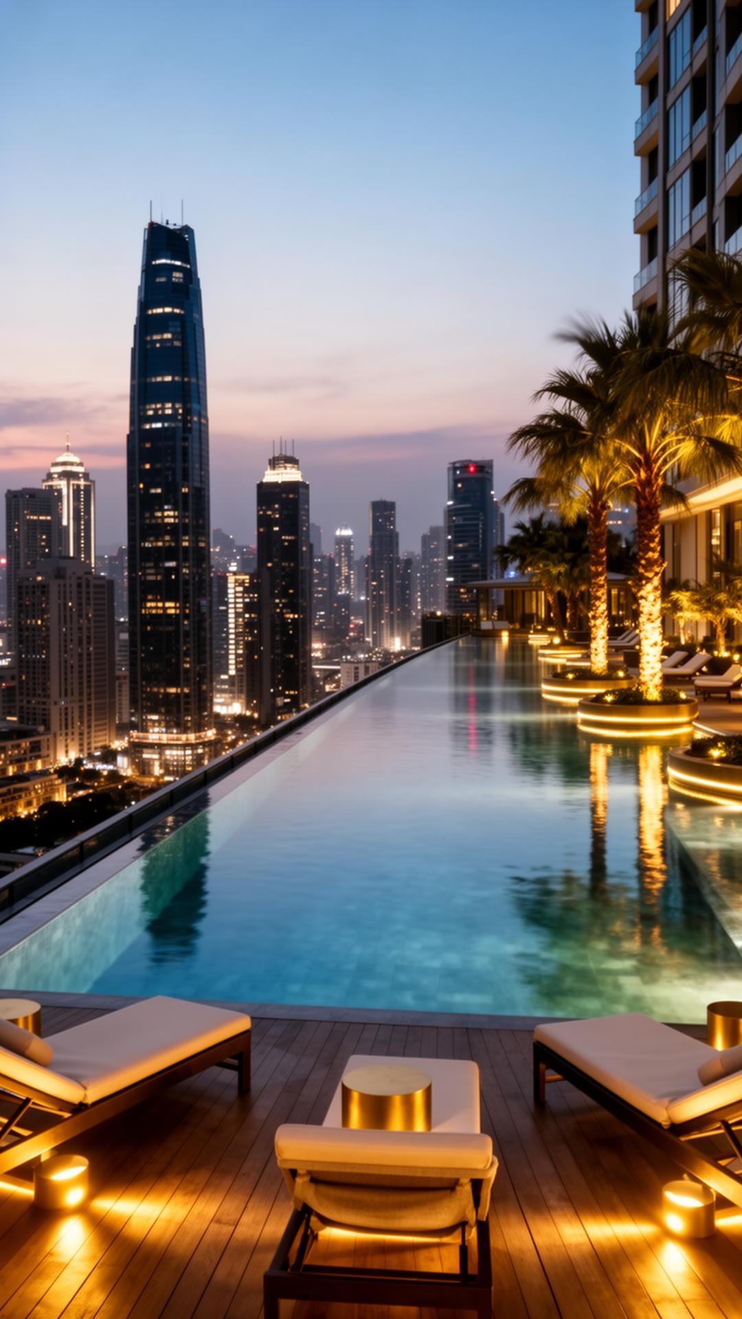 Rooftop infinity pool at twilight